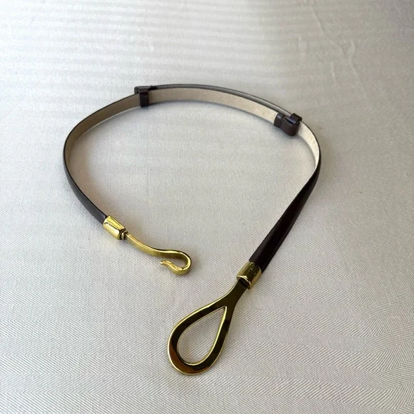 Lauren Ralph Lauren Brown Adjustable Leather Slim Belt with Gold Link Closure - Picture 2 of 6